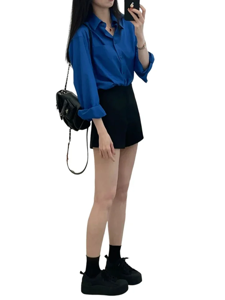 New Solid Color Simple Basic Women Shirt Blue Slim Long-sleeved Top Female Chicly Fashion Street Casual Loose Woman Shirt