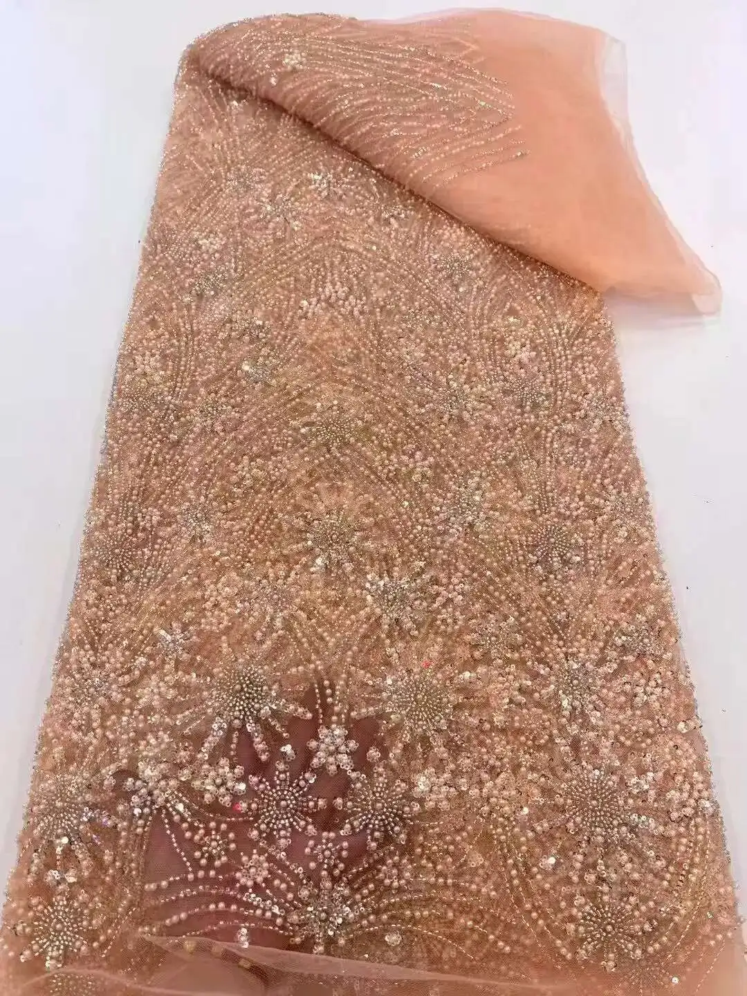 

Pink Beaded Lace Fabric French Tulle Embroidery Lace High Quality African Sequins Beads Fabric For Women Wedding Dresses