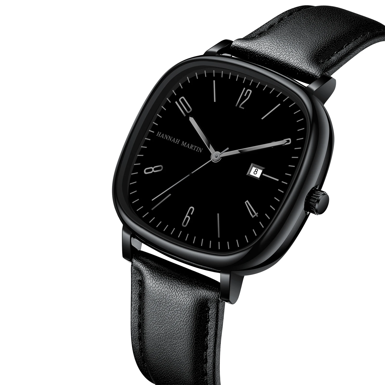 Hannah Martin Business Men Watch Fashion Square 40mm Black Leather Clock Original Quartz Movement 3Bar Waterproof Sports Watches