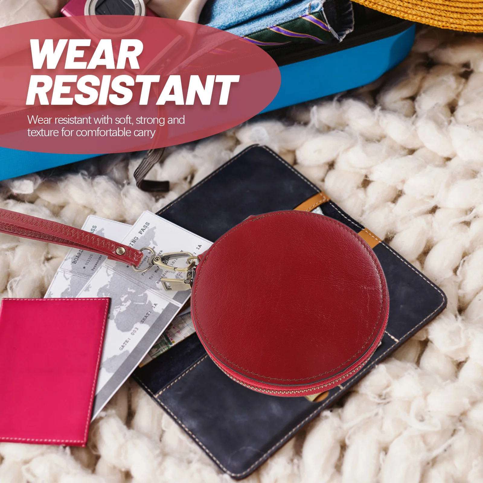 

Mini Coin Purse Vintage Round Zipper Pouch for Women with Lanyard Dark Red Mini Coin Purse