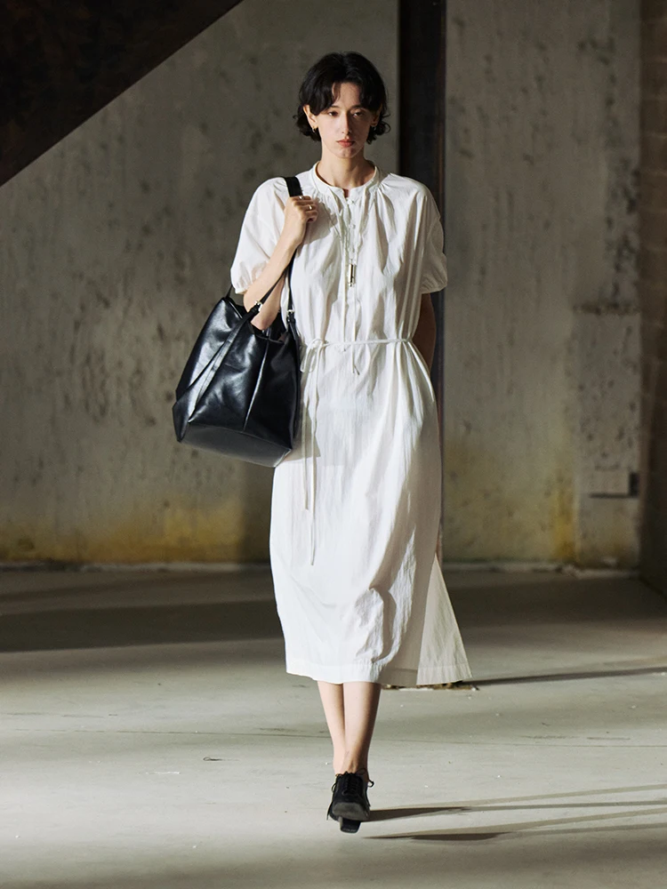 

Летнее женское платье-полусолнце нового дизайна, комфортное, с воротником-стойкой, многослойными складками, из хлопка, фасон H