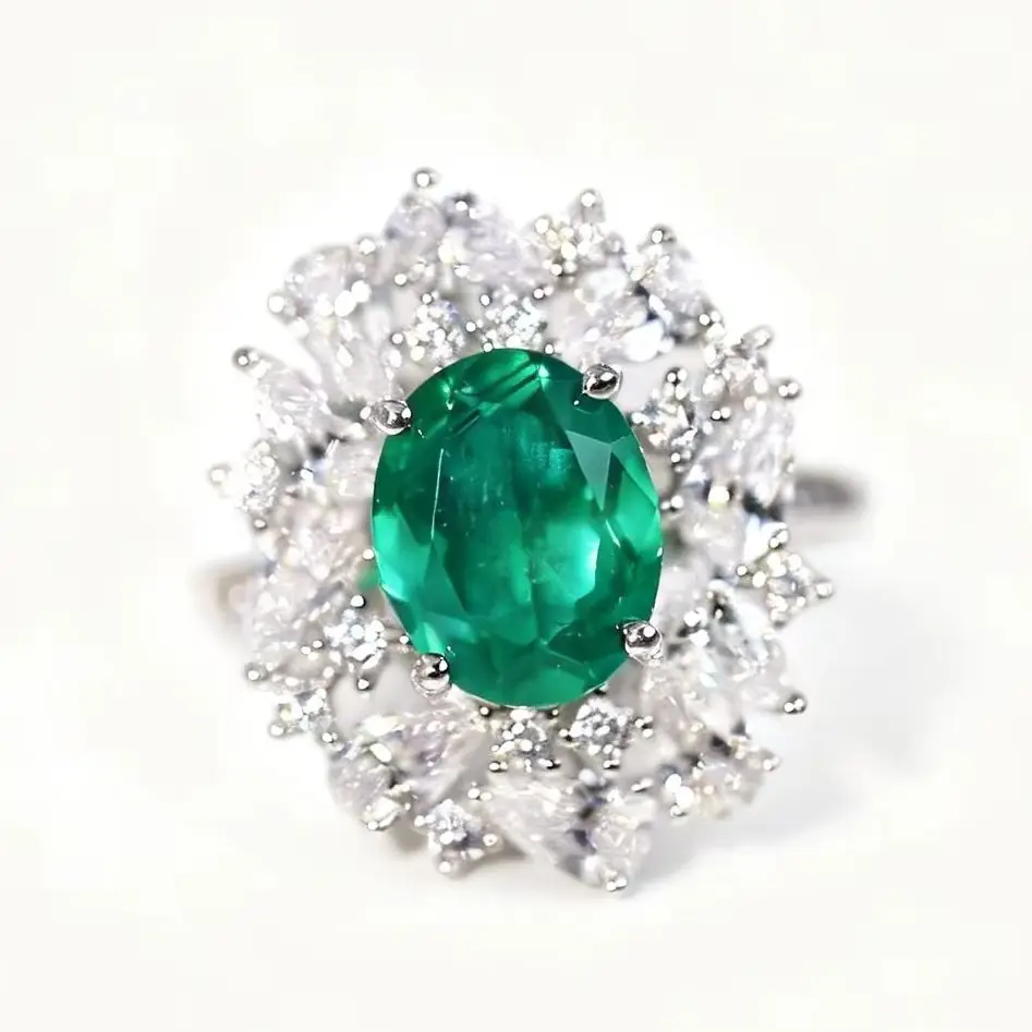 

Thick Rhodium Plated 925 Sterling Silver with 3.5ct Oval Lab-Grown Emerald Ring-Gift For Women