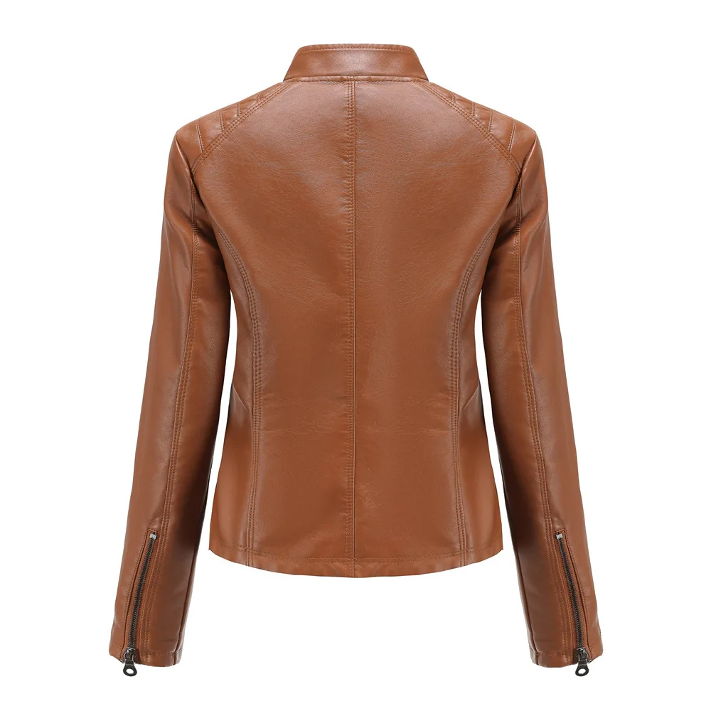 Purchase New Women's Casual Leather Jacket with Stand Up Collar and Slim Fit, Spring and Autumn Zipper Motorcycle Women's Leathe