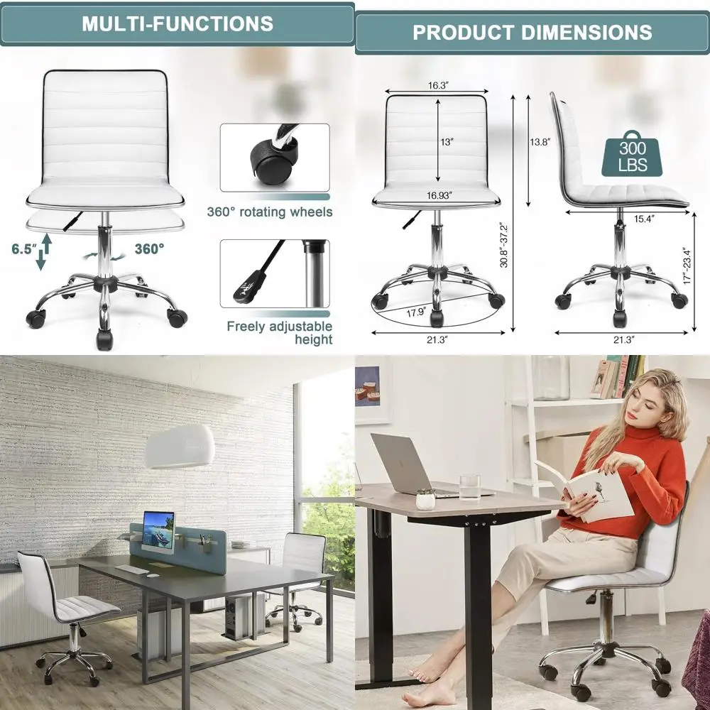 

Ergonomic Swivel Desk Chair, Adjustable Ribbed Faux Leather Task Seat, Armless Rolling Office Chair with Wheels