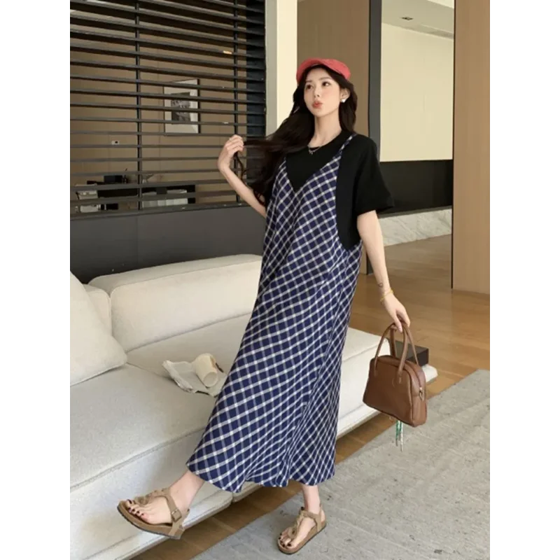 Women's New Loose Slimming Over-the-knee T-shirt Design Plaid Splicing Dress