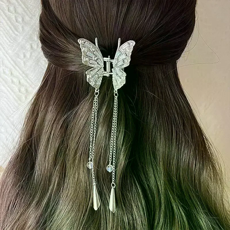 Shiny Rhinestones Butterfly Hair Claw Clips For Women Girl Vintage Long Chain Tassel Claw Clip New Chinese Style Accessories