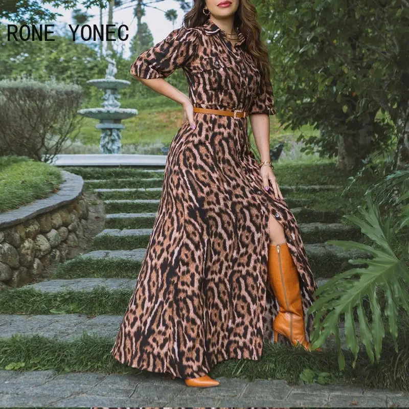 2023 Women Chic Tiger Print Turn Down Neck with Belts Half Long Sleeves Maxi A-line Dress