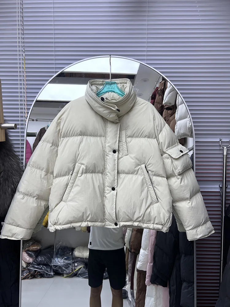 

Women's short style standing collar bread jacket winter new loose solid color simple versatile white duck down jacket