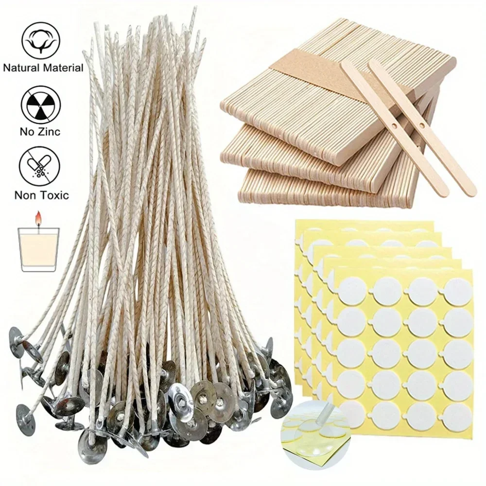 250pcs Low-smoking Wicks Soy Pre Wax Candles Wick with Base Stickers DIY Candle Making Kit Candle Supplies