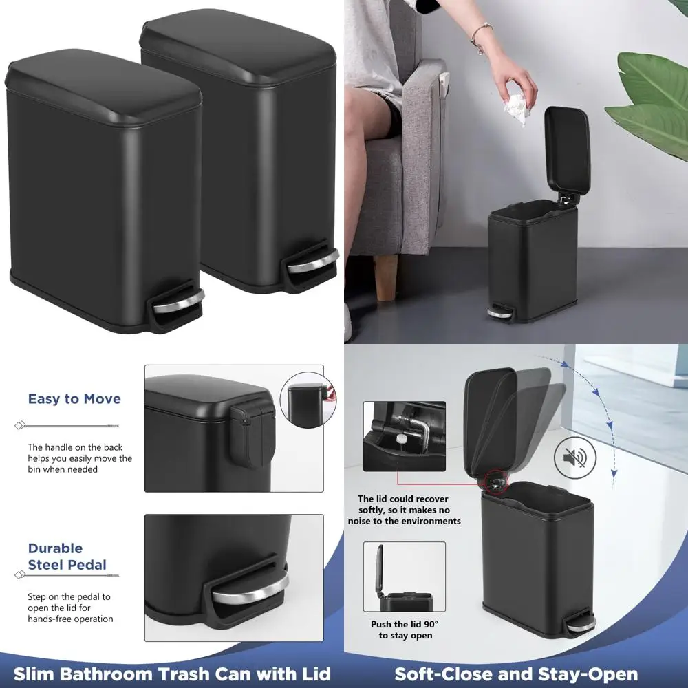 

мусорное ведро для ванной комнаты bestoffice с крышкой, маленькое мусорное ведро с педалью на 1,3 галлона, черное мусорное ведро из нержавеющей стали для ванной комнаты, спальни,