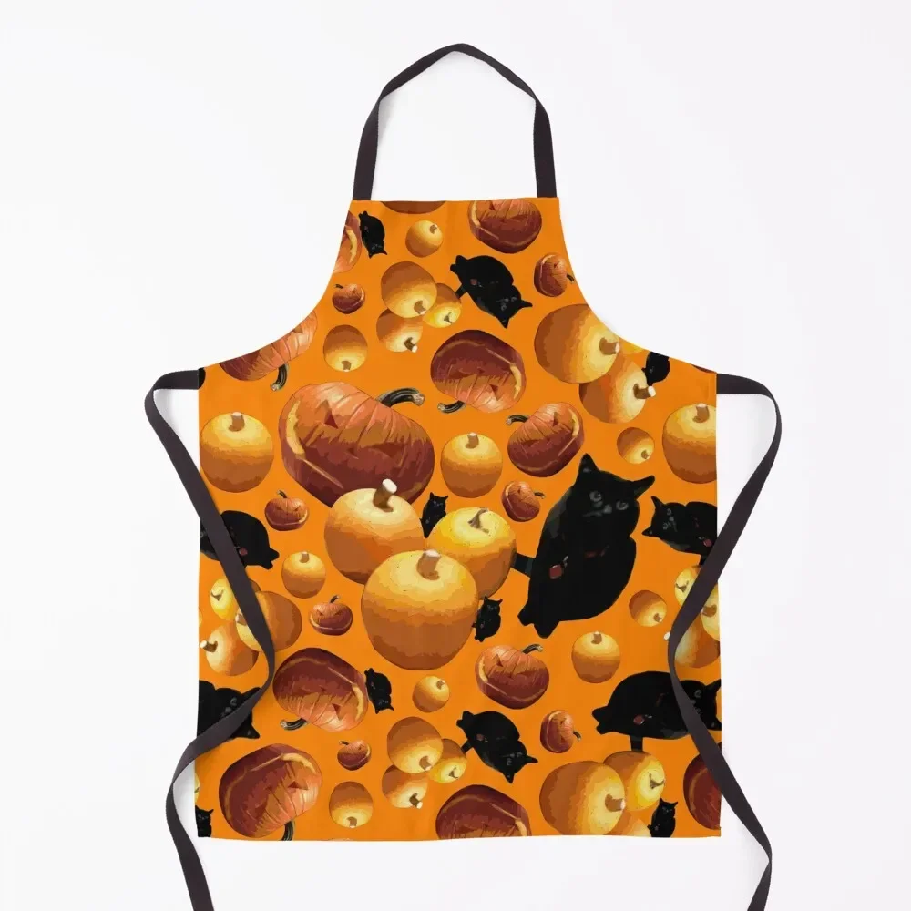 Black Cat and Pumpkins Tossed on Orange Repeat 5748 Apron For Home Accessories painting Women's Home Clothes Apron