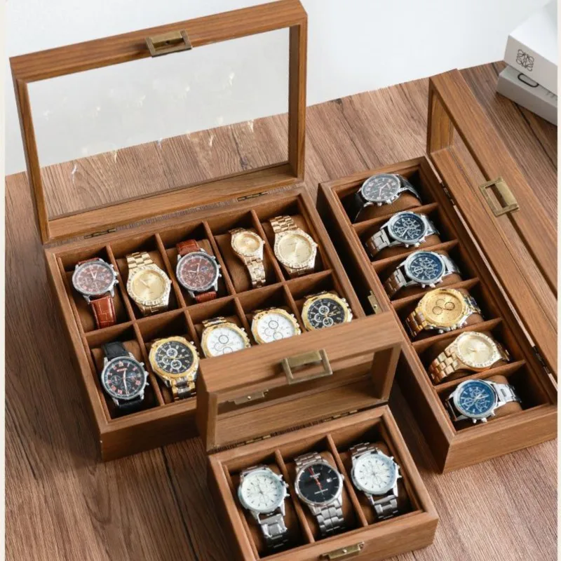 

Кожаный ящик для хранения часов из черного ореха, имитирующая текстура цельного дерева, пылезащитный прозрачный ящик для хранения браслетов ZG613