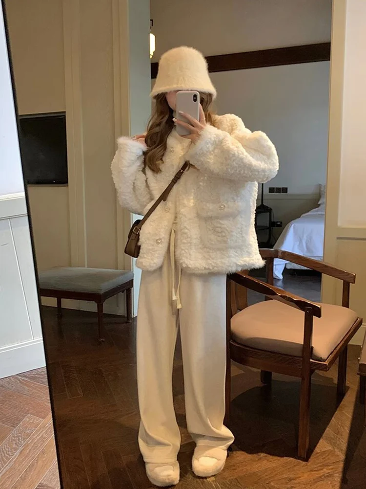 White Lamb Fur Jacket Women's Small Size Autumn Winter Thickened Cotton Coat Short Outerwear round Neck Button Closure Loose Fit