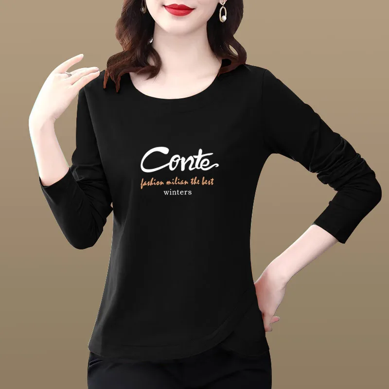 Schmal geschnittenes, langärmliges, rundhalsiges Baumwoll-T-Shirt für Damen, lässiges Basic-Unterhemd, koreanischer Stil, Herbst/Winter, Neu eingetroffen