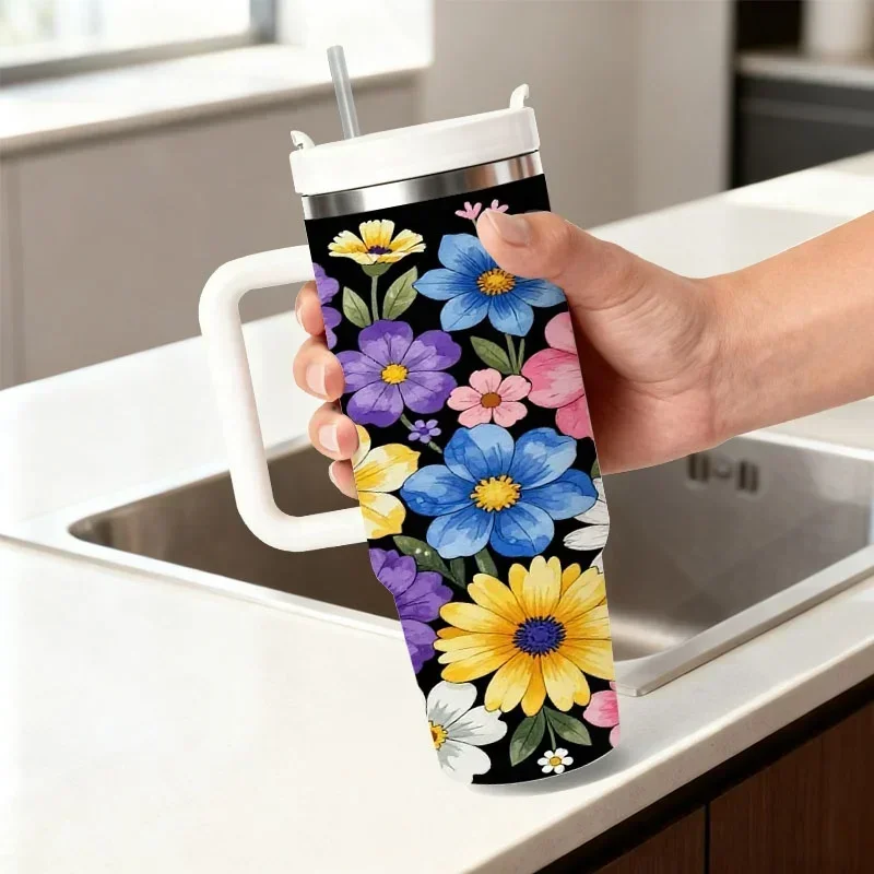 Stainless Steel 40oz Insulated Tumbler, Vibrant Floral & Butterfly Digital Print on Black Background, Durable Heat & Cold Retention Drink Cup, Ideal for Daily Commute, Office Use & Outdoor Activities