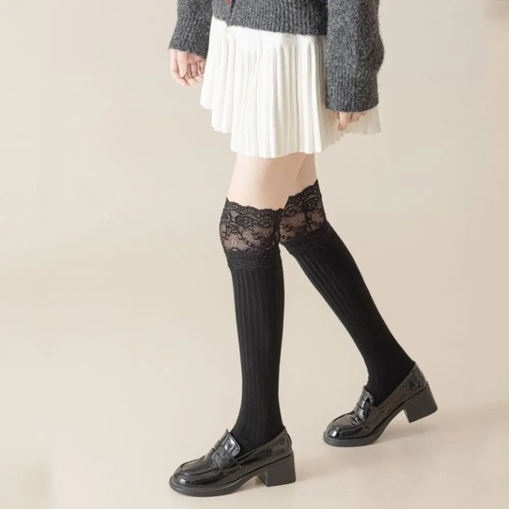 Fashion Solid Color Women's Long Socks Soft Lace Trim Girl's Stacked Socks Stretchy Breathable Knee High Socks JK Fashion