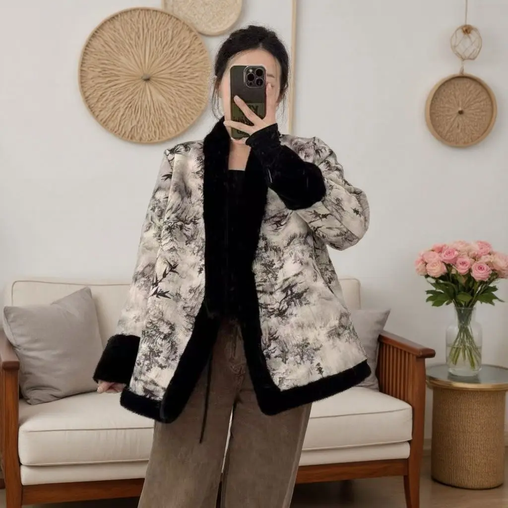 New Chinese Ink Painting National Style Fur Integrated Jacket Double-sided Gold Mink Fur Fleece Thicken Coat Mother Fur Overcoat