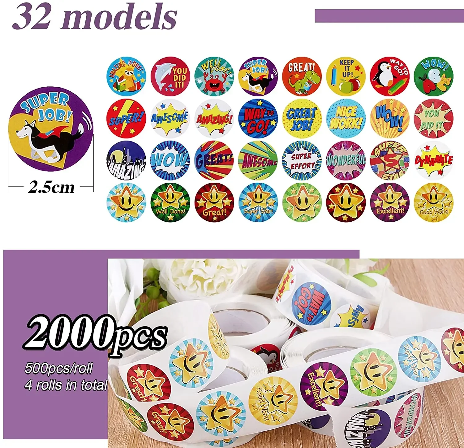 2000pcs 2.5cm Autocollants de Récompense, Stickers de Récompense de Professeur d'école pour Enfants stickers pack