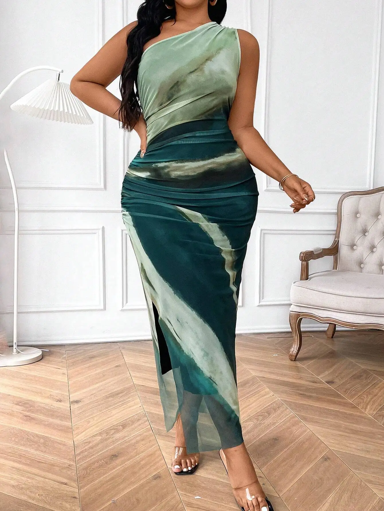 

One Shoulder Tie Dye Maxi Dress With Ruched Waist And Side Slit