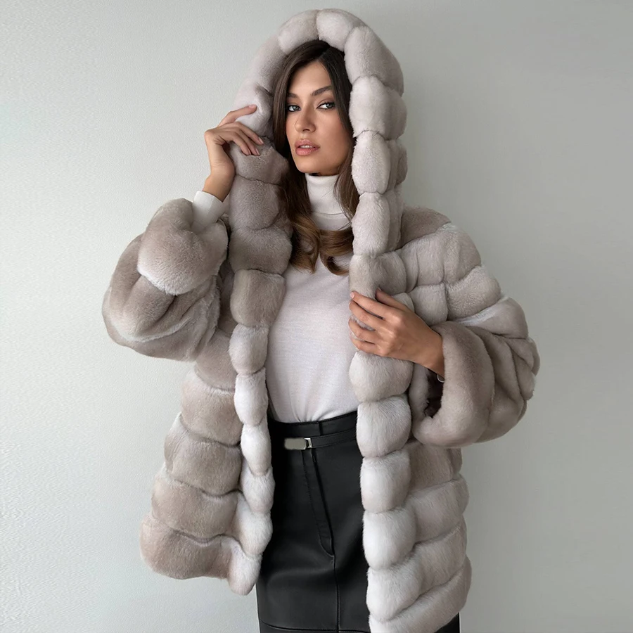 

Women's Fur Coat With Hood Winter Jackets Women Fur Hooded Coats Female Rex Rabbit Fur Coat Chinchilla Fur Coat Winter Jackets