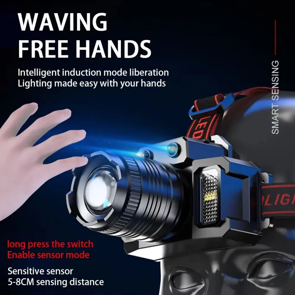 LED Sensor Headlamp Camping Search Light 5 Lighting Modes Powerful Zoom Head Flashlight USB Rechargeable HeadLamp Front Lantern