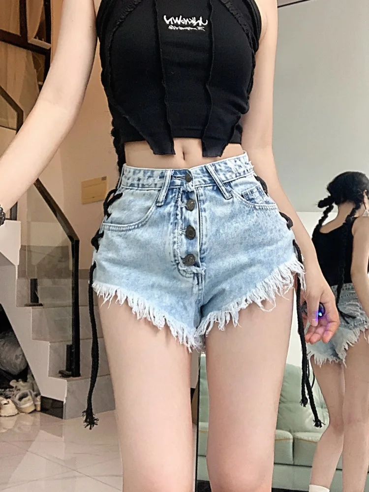 Ladies Fashion Casual Summer Cool Bandage Denim Booty Shorts Women Clothing Female High Waists Fur-lined Leg-openings Sexy Jeans