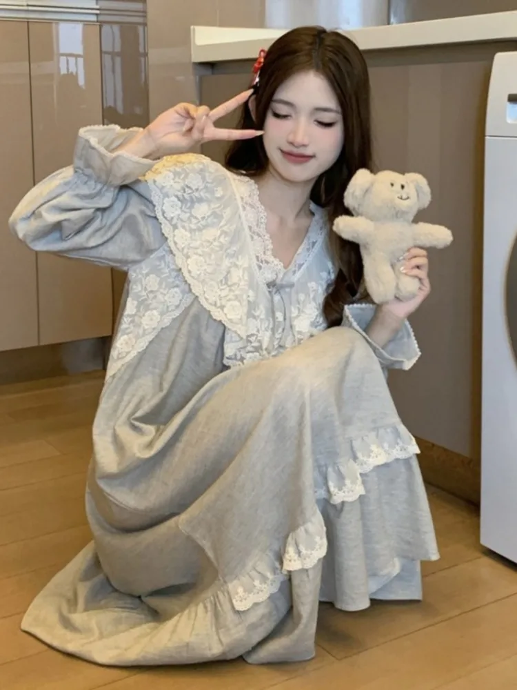 Sweet Cotton and Linen Spring and Autumn Princess Palace Spring Autumn Pajamas Women\'s Light Luxury Outwear Home Clothes suit