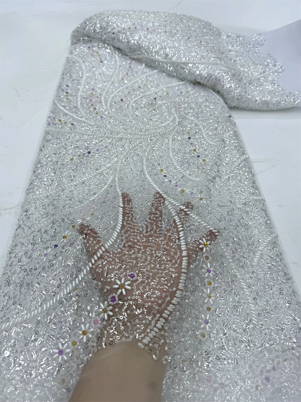 2024 African Nigerian Sequins Embroidery Tulle Lace Fabric Sewing Beads Stone Prom Dresses High Quality 5Yards jy332