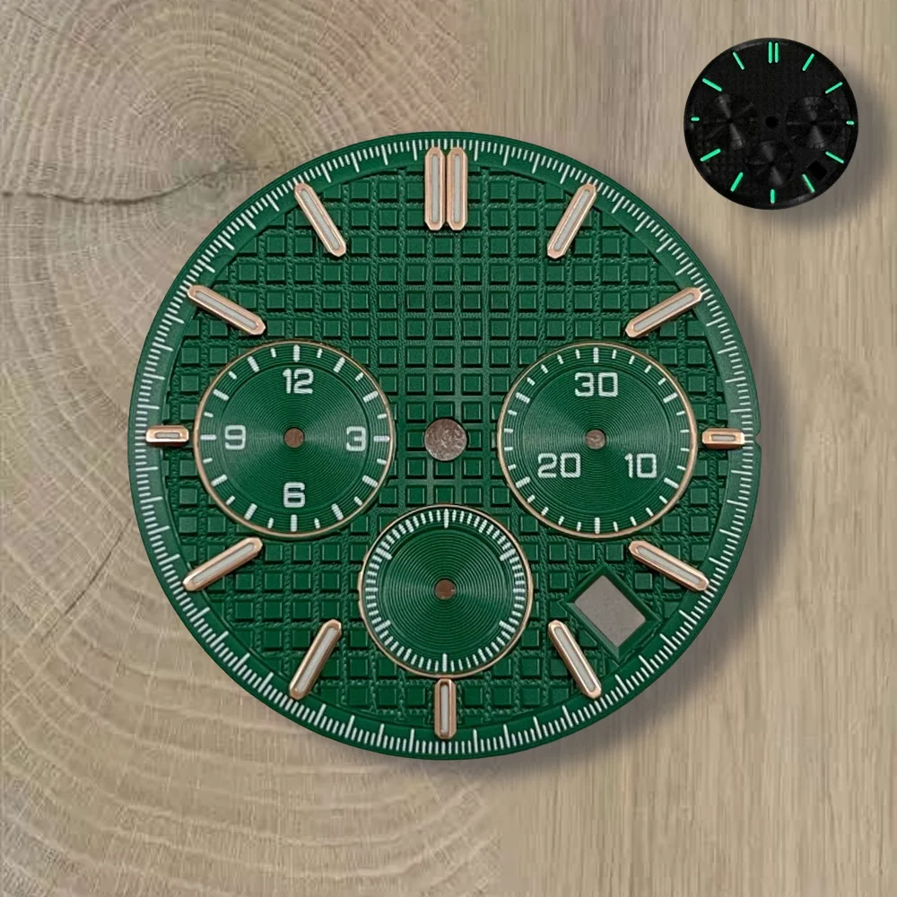 31.8 ミリメートル S ロゴパンダ三眼ダイヤルフィット VK63 ムーブメントグリーン発光高品質ダイヤル時計修正アクセサリー