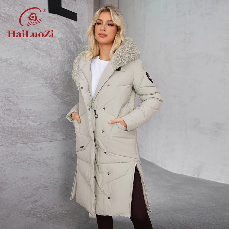 HaiLuoZi 2022 New Winter Women\'s Jacket Long Thick Bio Cotton Pocket Hood Zipper Lamb Fur Female Clothing Parkas Women Coat 51