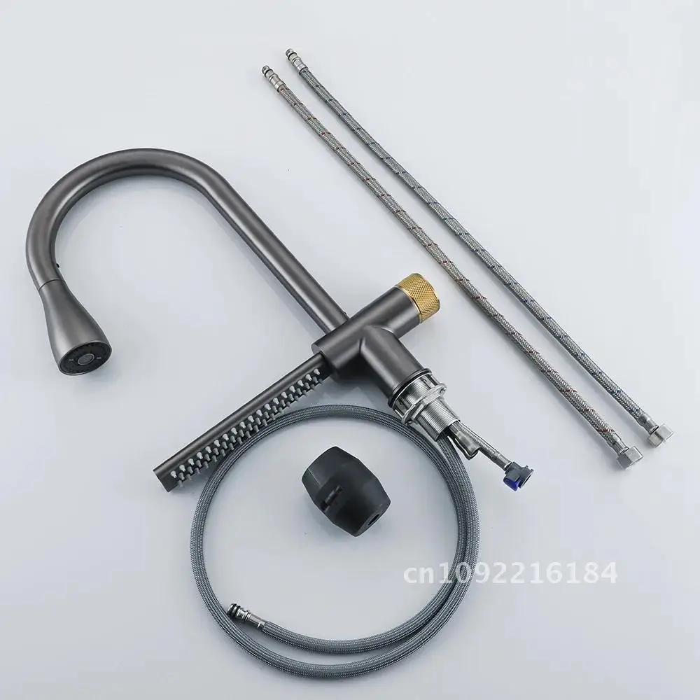 Nowy wylotowy kran kuchenny z wodospadem może ciągnąć 4 sposoby wody gorącej, pojedynczego kranu i otworu, szary, zimny zlew, mosiężne metody