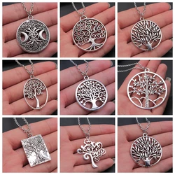 Antique Silver Color Fashion Tree Pendant Necklace Gift For Women Men Simple Tree Necklace Metal Chain Long Chain Necklace