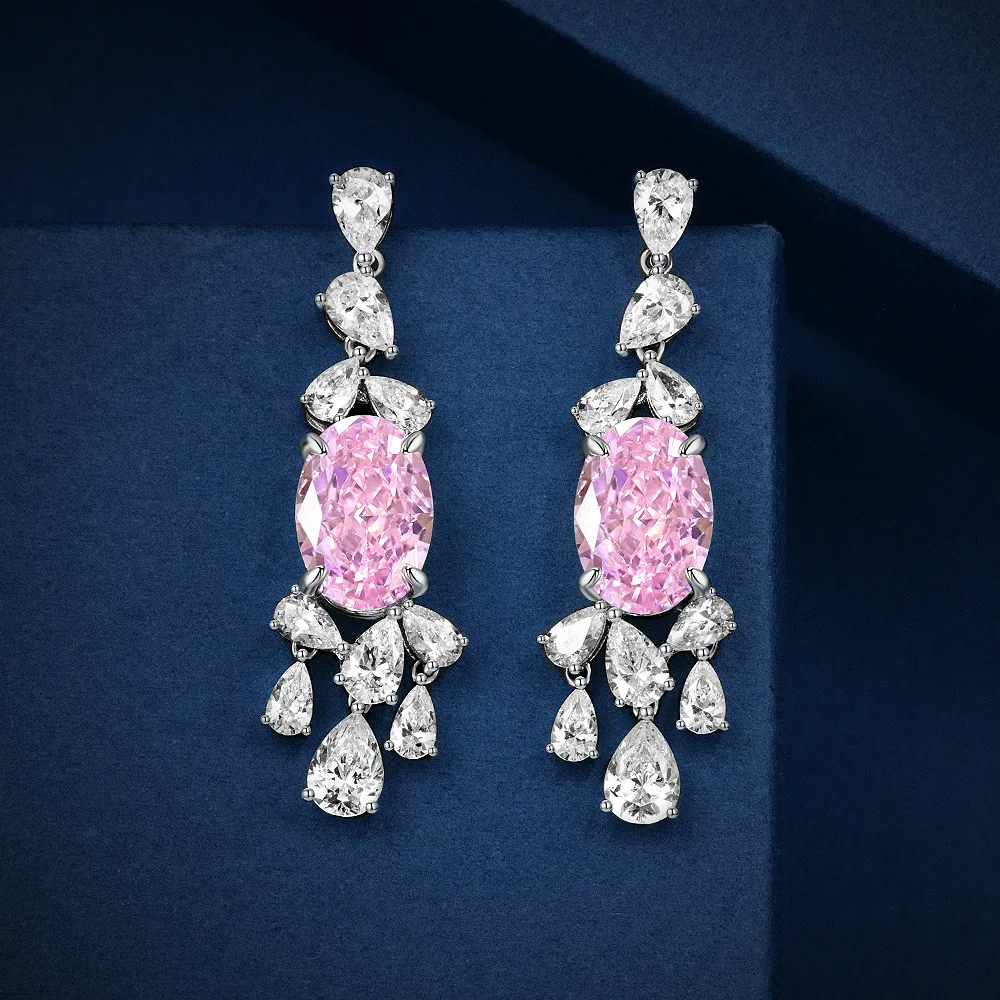 

Cherry Blossom Pink 4-carat 9 * 13 Egg Shaped High Carbon Diamond Earrings S925 Silver Niche Design New Wedding Jewelry