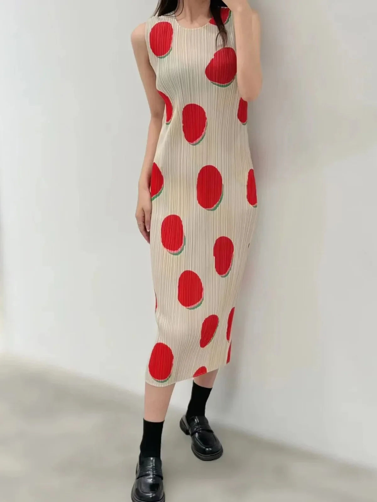 

Miyake Pleated Women Bean Wave Point Printed Sleeveless Dress Women 2024 Summer New Korean Fashion Causal Shift Dresses