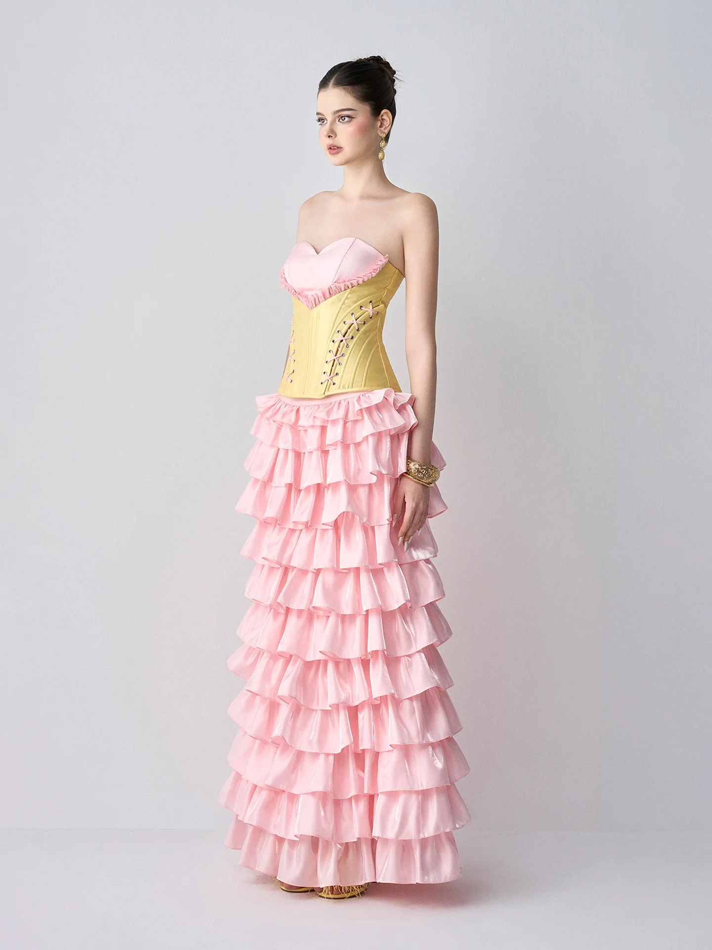 تنورة كعكة متدرجة باللون الوردي - تنانير عالية الخصر على شكل حرف A، تنانير صيفية مكشكشة ذات طبقات، ملابس سهرة أنيقة، تنورة نسائية طويلة بطيات #2