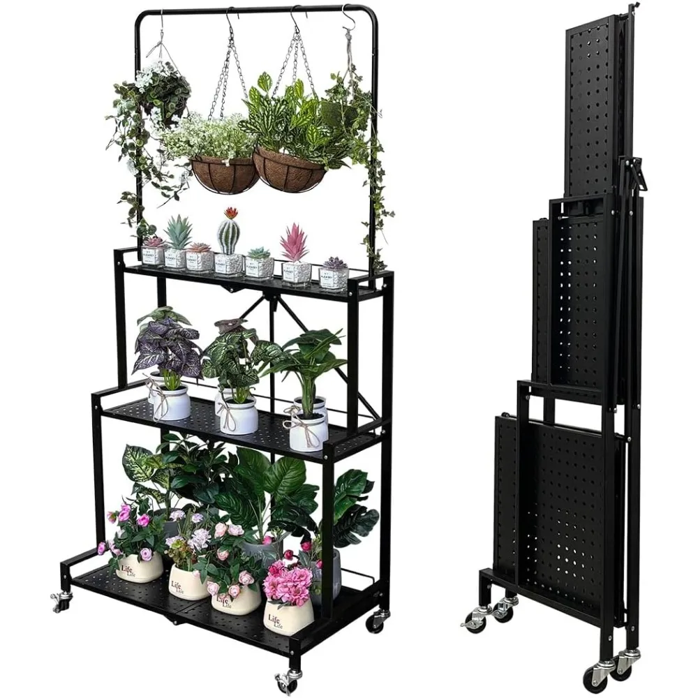 

Foldable 4-Tier Plant Stand, Indoor Outdoor Hanging Plant Shelf No Assembly Required Pot Placement Area With Wheels Pot Stand