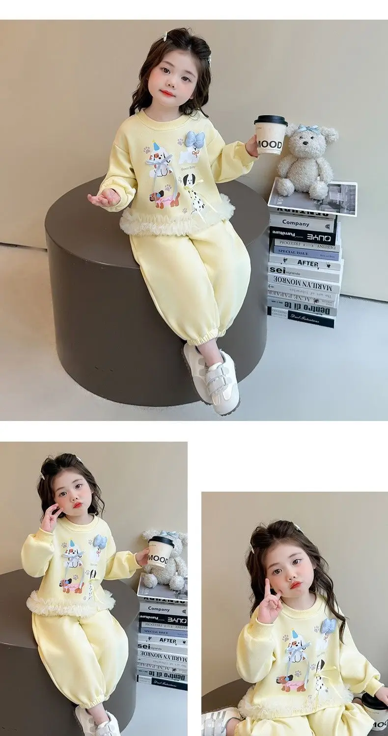 Neue Herbst-Babykleidungssets für Mädchen, niedliche Kinder-Sweatshirts mit Welpenmuster und Spitzenrüschen am Saum + Hosen, 2-teilige Freizeit-Outfits für Kinder, Prinzessinnen-Look – Detail 4