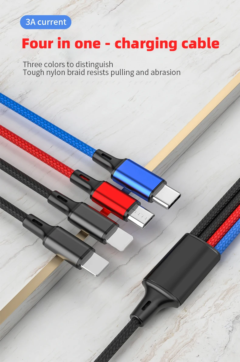 1.2M Double Type C 4 in 1 USB Charger Cable Charging Cord Multiple Ports Charging Cable Micro USB TypeC Connector for Cellphones