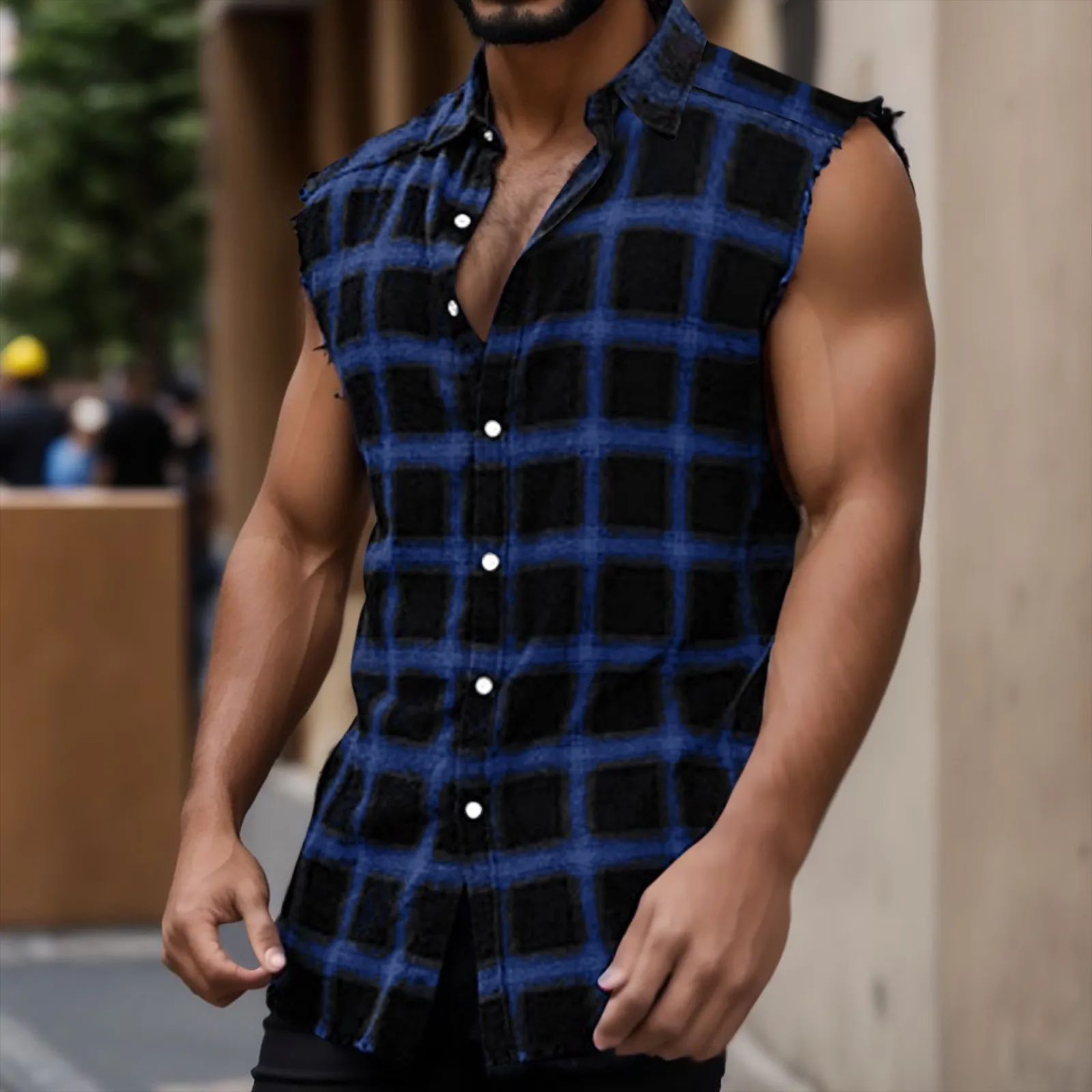 Y2k Vintage Plaid Print Tank Tops For Mens Stylish Lapel Button Vests Sleeveless Top Shirts Summer Casual Daily Streetwear