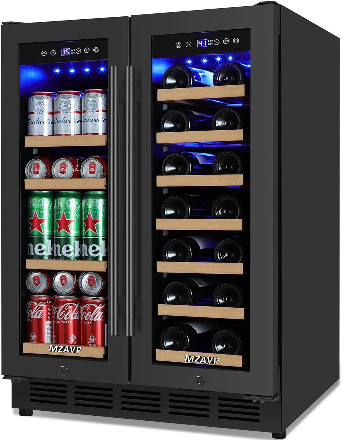 

Wine and Beverage Refrigerator 24", Upgraded Dual Zone Wine Beverage Cooler with Glass Door and French Door, Large Capacity