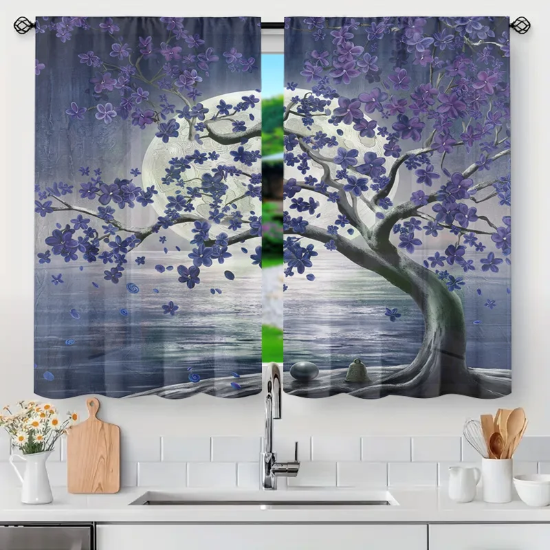 Window Curtains Plum Blossom Moonlit Tree Spring Nature Aesthetic Decorative Drapes Light Filtering Home Accent Curtain Panel fo