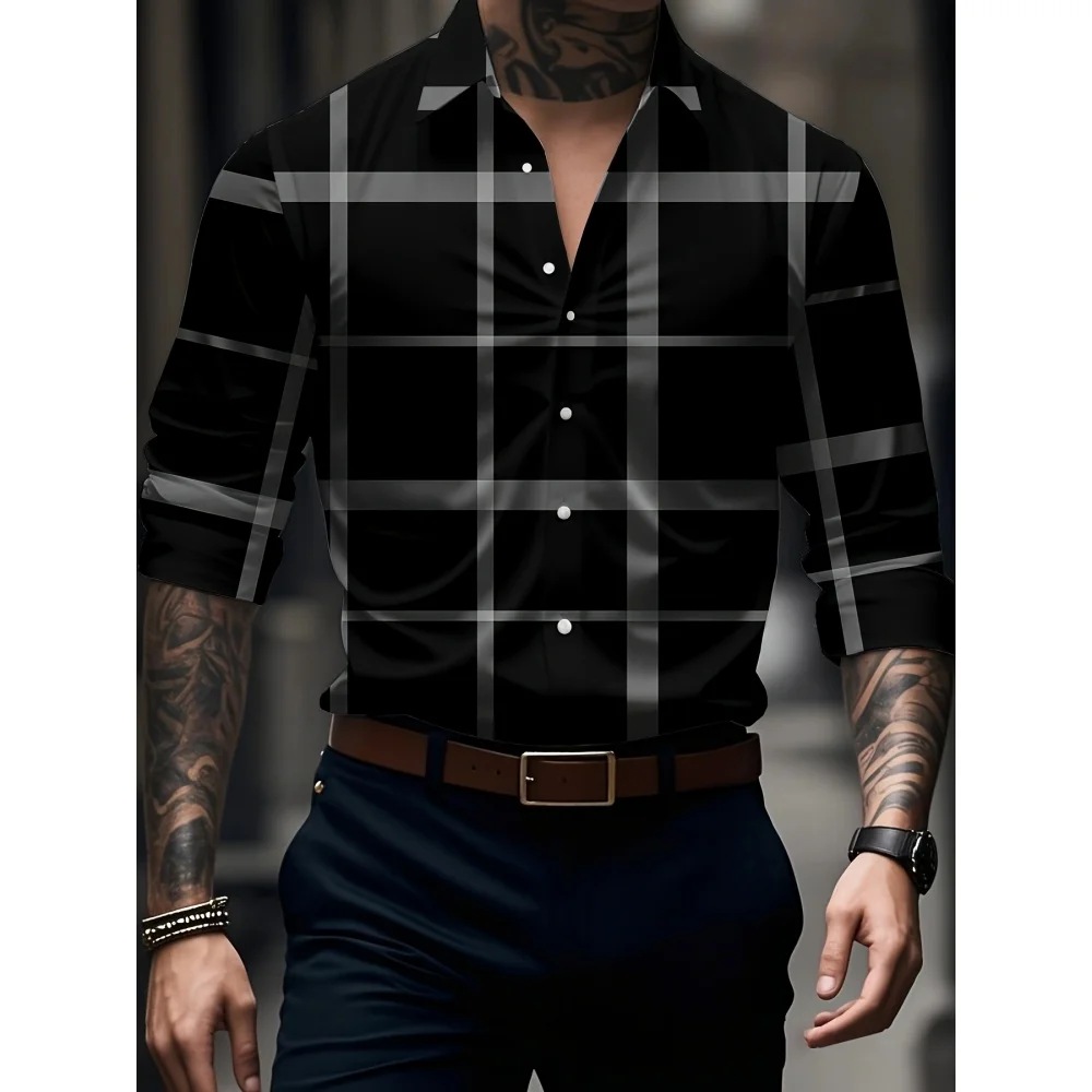 

Мужская классическая рубашка в клетку с принтом, однобортная, с отложным воротником, повседневная, с длинным рукавом