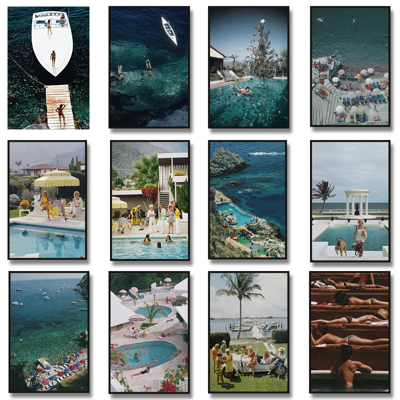 1pc frameless Canvas Painting Slim Aarons Speedboat Landing Pool Party Vintage Photography Posters Print Art Canvas Painting Pic