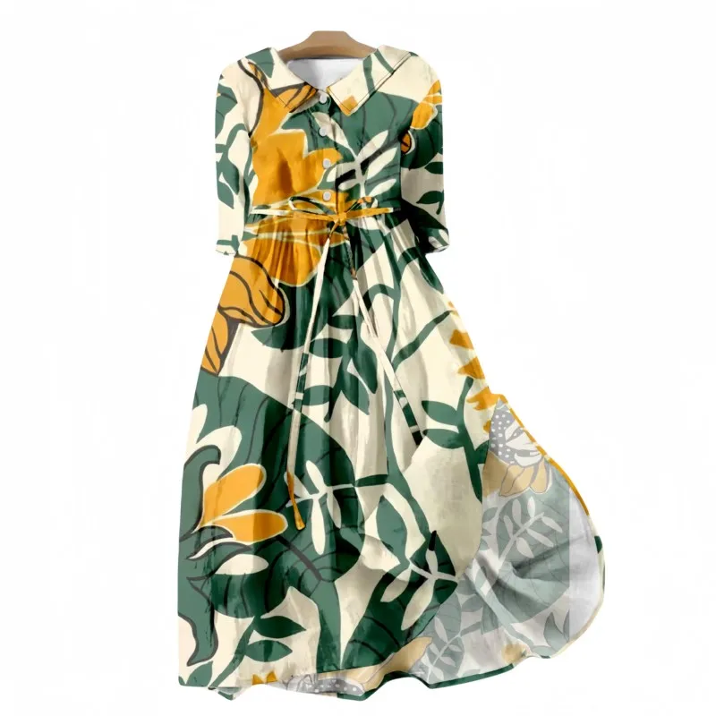 Falda larga Hawaiana de manga corta con cuello en V para mujer, vestidos largos con estampado Floral de hojas verdes y amarillas, Verano