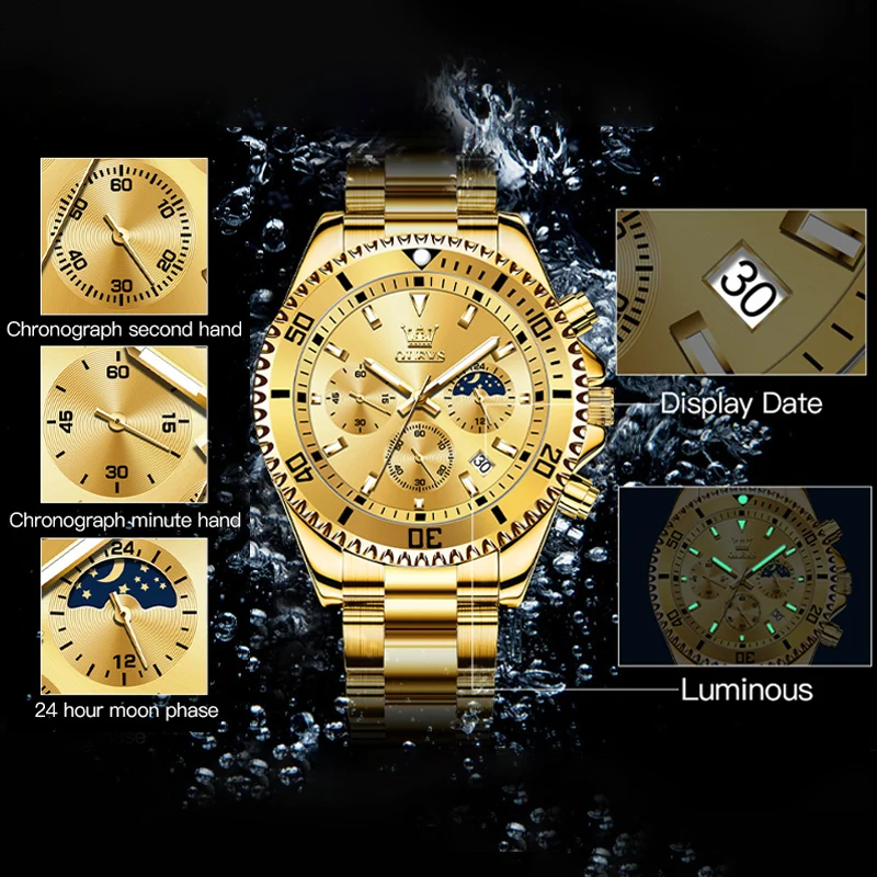 OLEVS Orologi da uomo Orologio di lusso delle migliori marche da uomo Cronografo originale impermeabile in acciaio inossidabile Fasi lunari Data Quadrante Rota