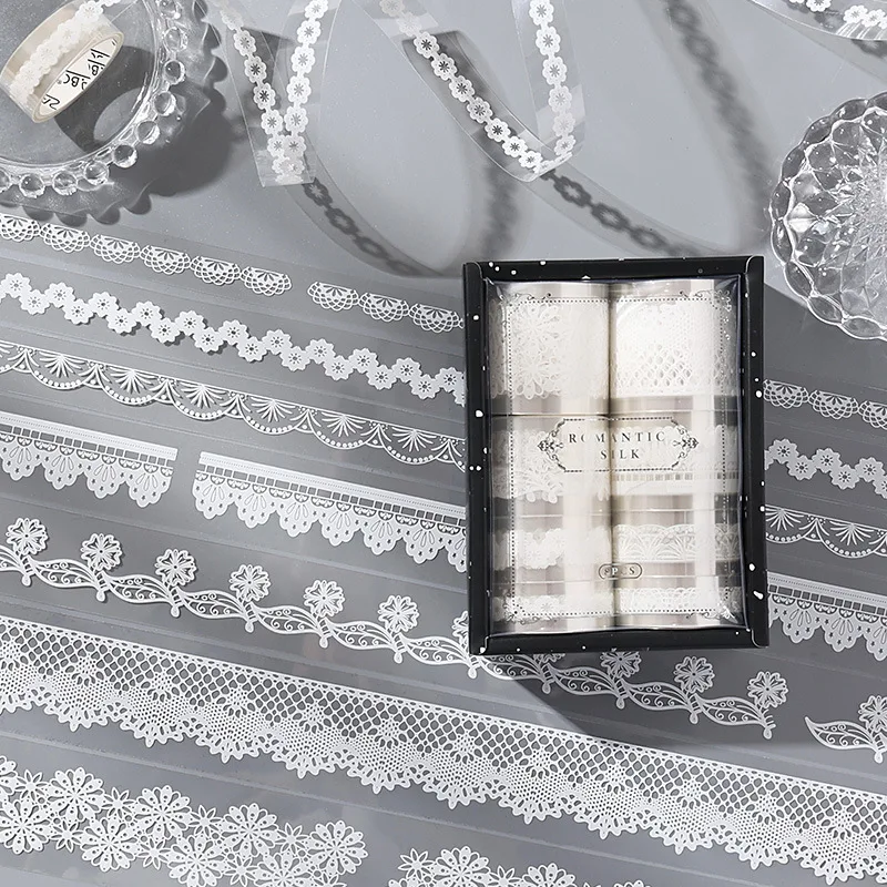 8 rollos de pegatinas temáticas de borde de encaje, papel decorativo para collage DIY, Material para álbum de recortes, álbum diario hecho a mano, suministros para diario basura