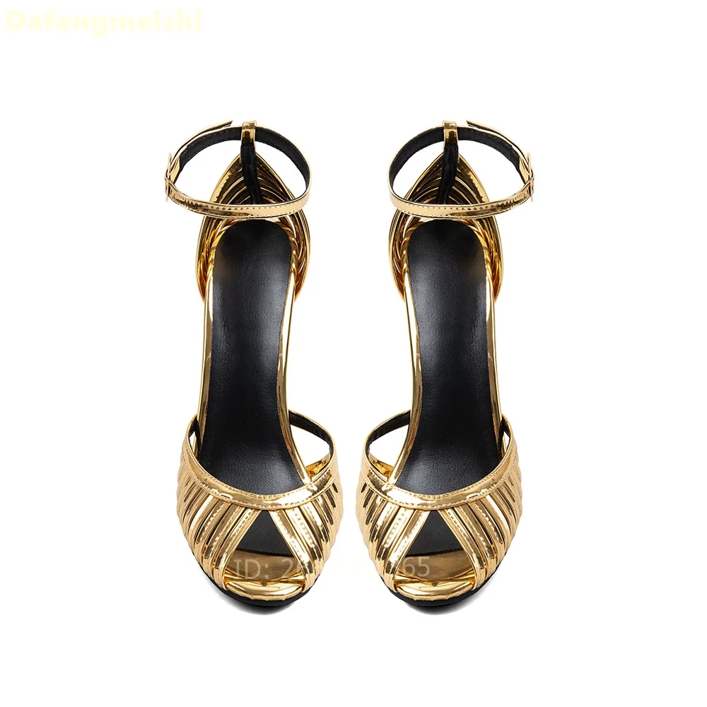 Metallic Gold Cutout Cage Ankle Strap Sandals Round Peep Toe Adjustable Buckle Stiletto Heels Women Wedding Party Dress Shoes