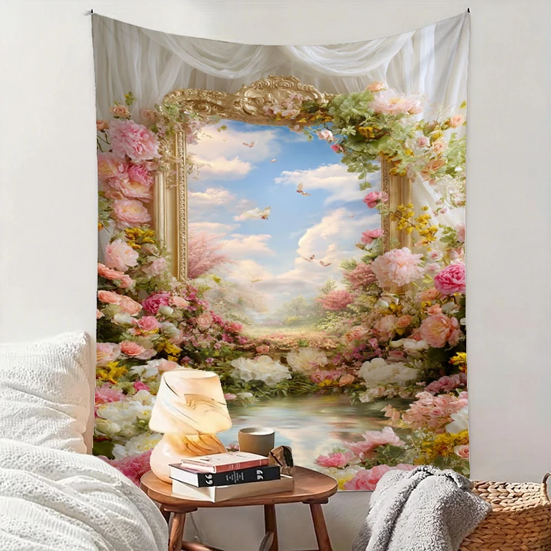 1PC Golden Frame Flower Art Print Backdrop Banner, Bedroom Living Room Photo Background, Polyester, Home Decor, Wall Art