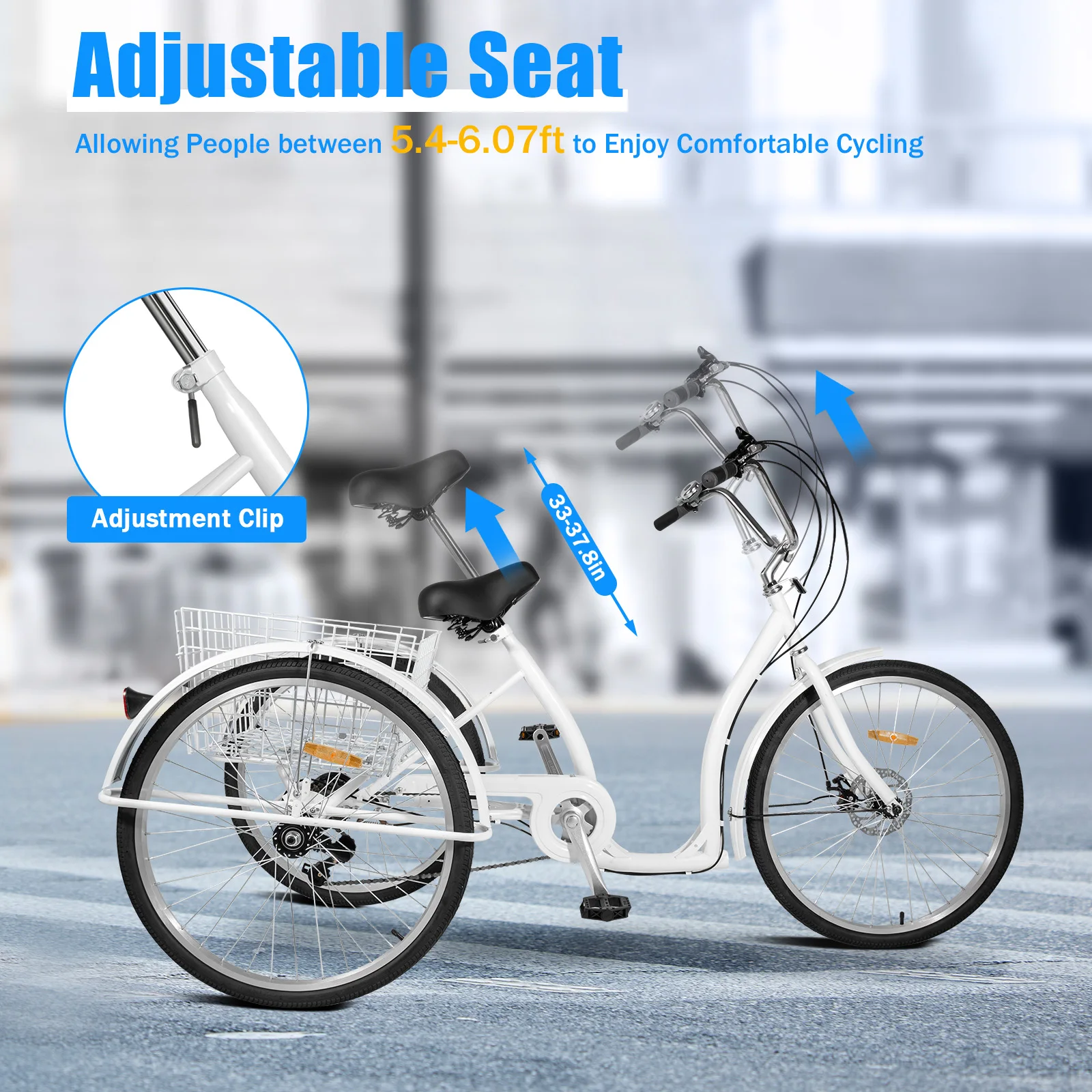 Triciclo adulto blanco de 26 pulgadas, 6 velocidades, 3 ruedas, con cesta de asiento y ruedas, diseño ajustable, cómodo y seguro
