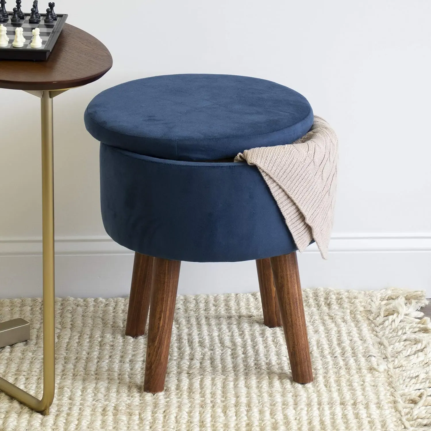 Velour Round Storage Ottoman Footstool, Velvet Blue 16x16x19 inches ottoman  stool chair  pouf